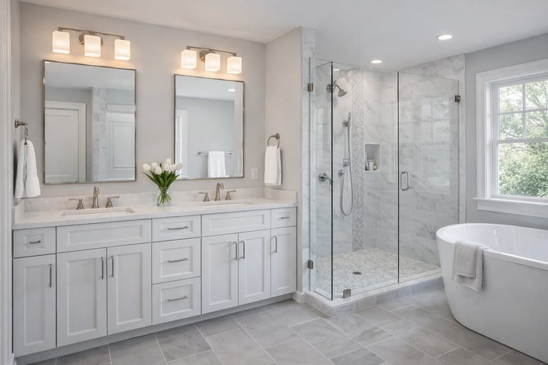 Modern master bathroom featuring a double vanity, marble walk-in shower, and freestanding soaking tub.