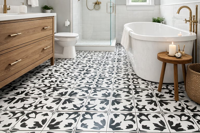 Modern bathroom featuring black and white patterned tile flooring, a wood vanity, and a freestanding tub.
