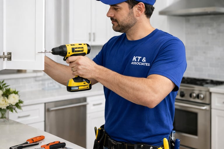 Professional handyman using a power drill to install kitchen cabinet hardware and hinges.
