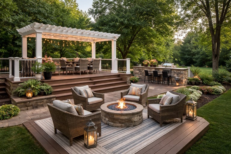 Luxurious backyard patio with a white pergola, outdoor dining area, fire pit lounge, and stone bar with lush landscaping.