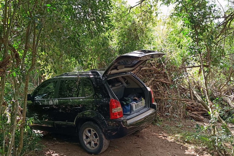 Tuscon, estacionada na Clareira entre a mata, com o porta malas aberto