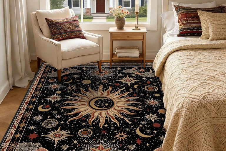 A celestial area rug featuring sun, moon, and star patterns in a bright bedroom with a white armchair.