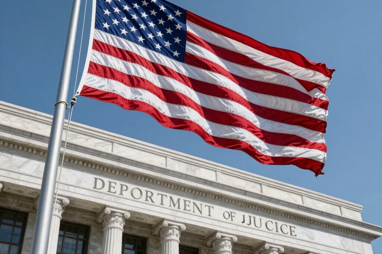A low-angle shot of a majestic American flag waving proudly in front of the Department of Justice building, marble architecture in the background, blue sky, North American / US.