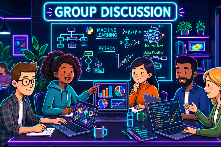 group discussion on Python, Machine Learning and Data Science concepts at 5algo.