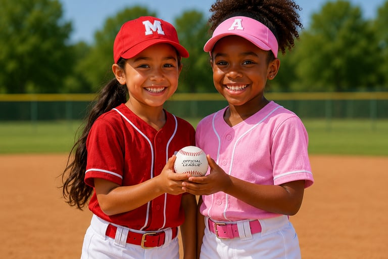 Two young girls in red and pink youth softball uniforms smiling while holding a baseball on a field.