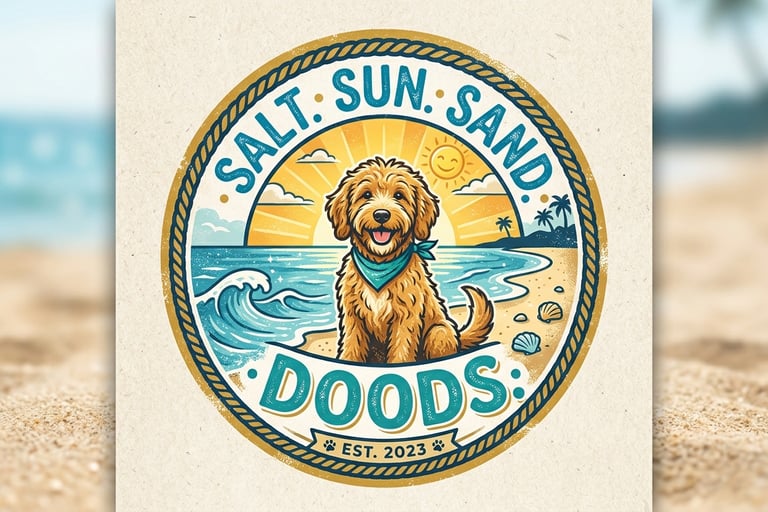 Vintage Salt Sun Sand Doods logo featuring a Goldendoodle dog on a tropical beach at sunset.