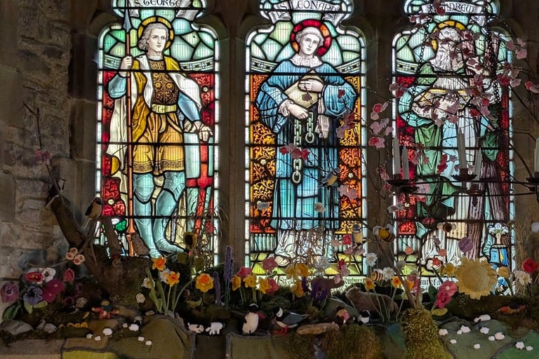 a view of stain glass window in a church in The Yorkshire Dales.
