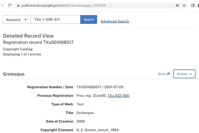Grotesque, A Gothic Epic - U.S. Copyright Office Record