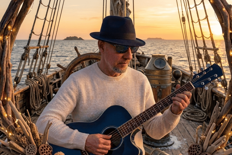 photo of mANDRAk with an acoustic guitar on a boat in Caribbeans