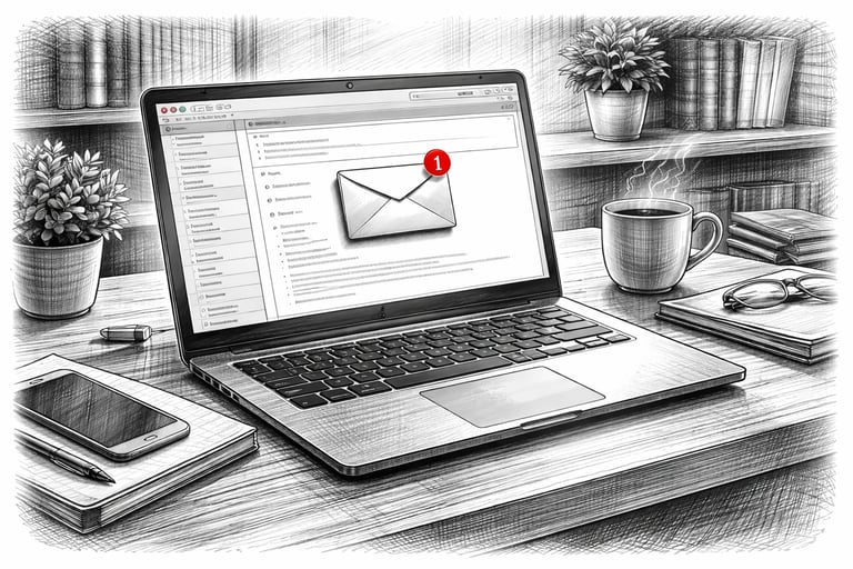 Pencil sketch of a laptop showing an email notification icon on a desk with coffee and books.