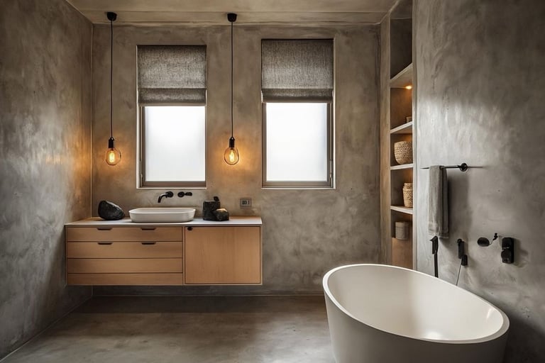 Modern minimalist bathroom featuring a concrete wall finish, oval soaking tub, and wooden floating vanity.