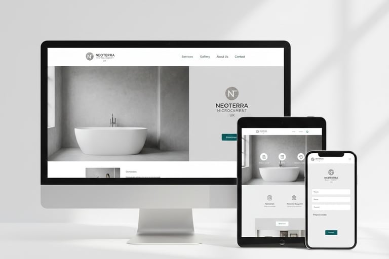 Responsive web design mockup for Neoterra Microcement UK displayed on desktop, tablet, and mobile devices.