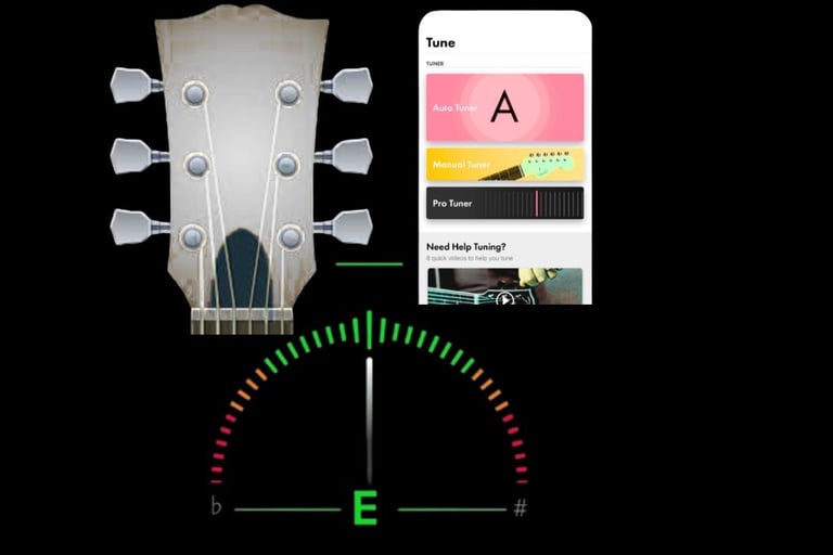 An electricguitar tuner app interface displaying a headstock and needle for tuning strings.
