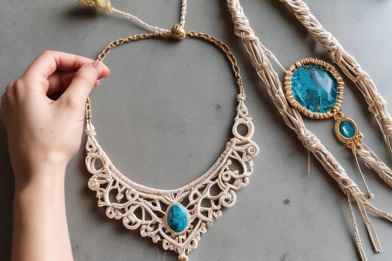 Collar bohemio de macrame hecho a mano con piedras turquesas y nudos intrincados de fibra beiges
