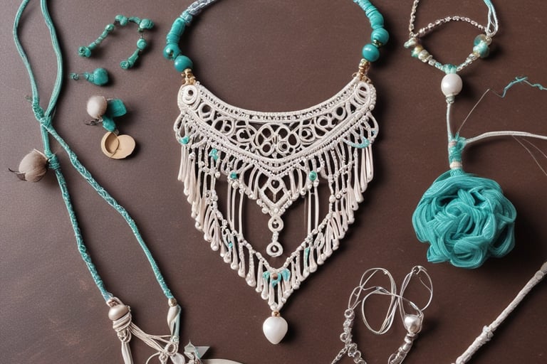 Collar de macrame bohemio hecho a mano con cuentas turquesas y flecos color crema sobre fondo marron