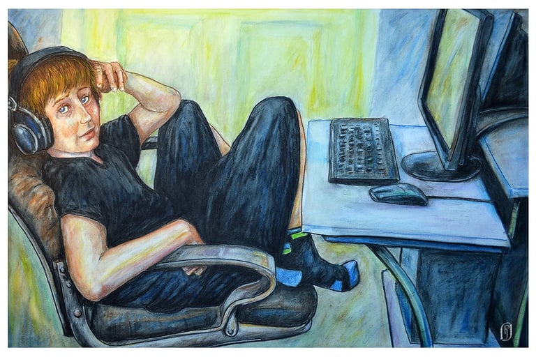 Boy at a computer keyboard illustration