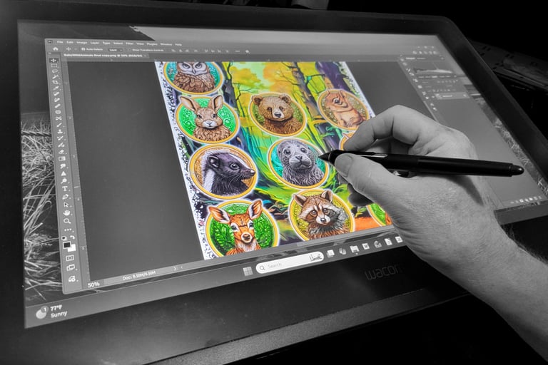 Hand drawing a color illustration on a graphic tablet
