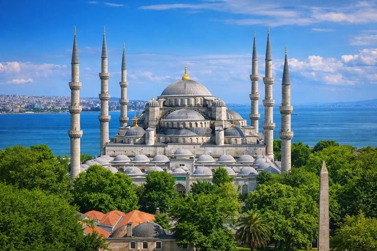 Blue Mosque Sultan Ahmet in Istanbul, Turkey, known for its six minarets and spectacular Ottoman architecture.