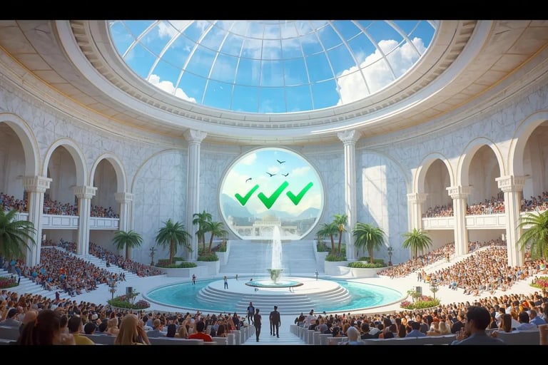 Majestic futuristic amphitheater with fountain, palm trees, colorful birds and glowing screen with three green check marks