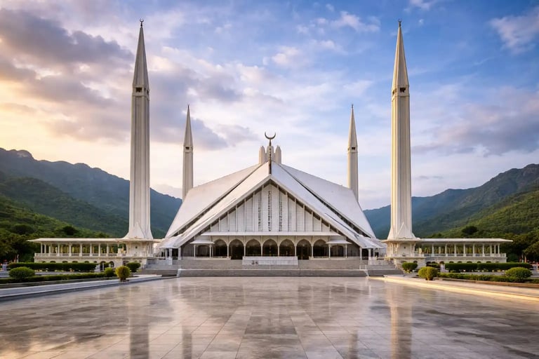Faisal Mosque in Islamabad, Pakistan, an iconic modern mosque surrounded by the Margalla Hills.