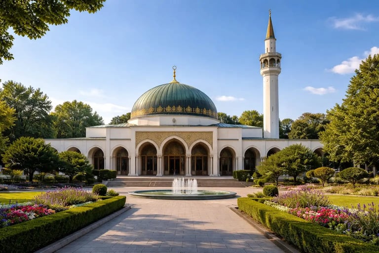 Grand Mosque of Geneva in Switzerland, Islamic center surrounded by trees and an important place of prayer Muslims in Europe.