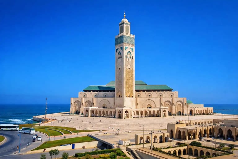 Hassan II Mosque in Casablanca, Morocco, famous for its towering minaret overlooking the Atlantic Ocean.