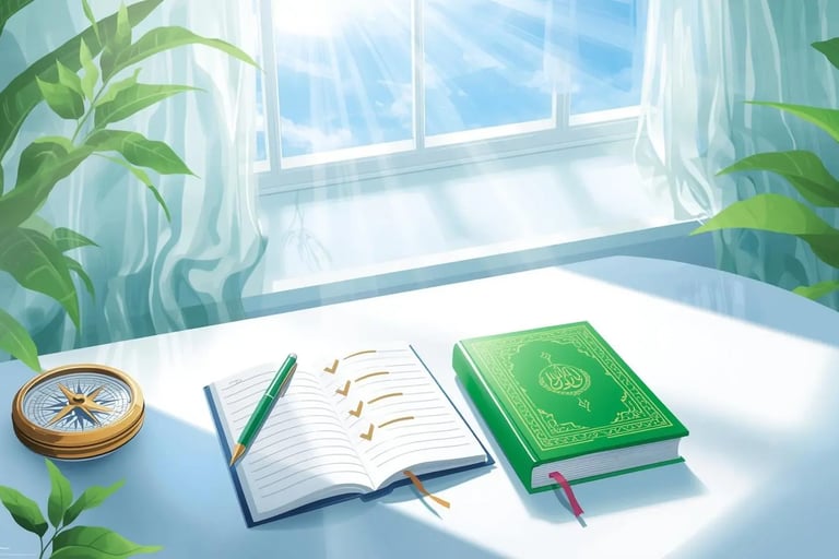 Open Quran on wooden rehal with holographic compass on green prayer rug in bright modern room with garden view