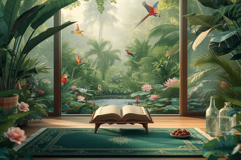 Open Quran on green prayer rug in lush tropical garden with roses, lotus, palm trees and colorful macaw parrots