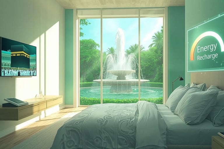 Recharge energy bedroom scene with Quran, Kaaba on TV, palm garden fountain and futuristic battery gauge