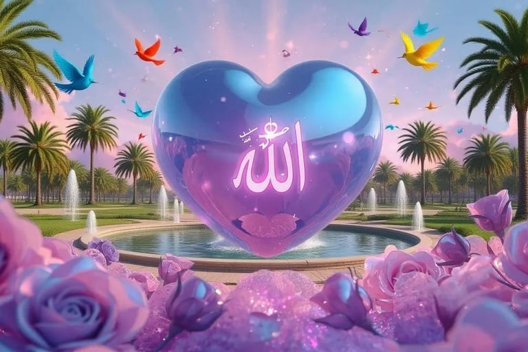 Glowing heart with Allah in Arabic calligraphy floating in sky a paradise garden flowers, rivers, palm trees colorful birds.