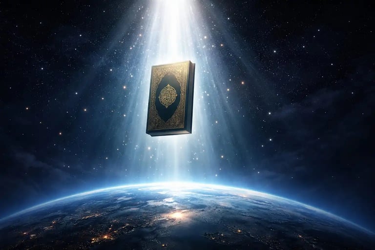 Closed Quran floating vertically in divine light above Earth symbolizing Laylat al Qadr and the revelation of the Quran.