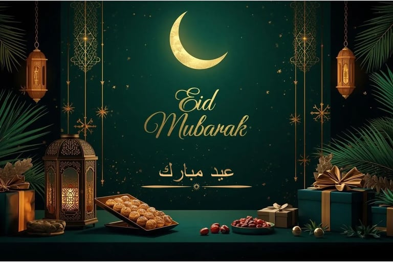 Luxury Eid Mubarak design with golden crescent moon, lanterns, dates, sweets and elegant Islamic patterns on green background