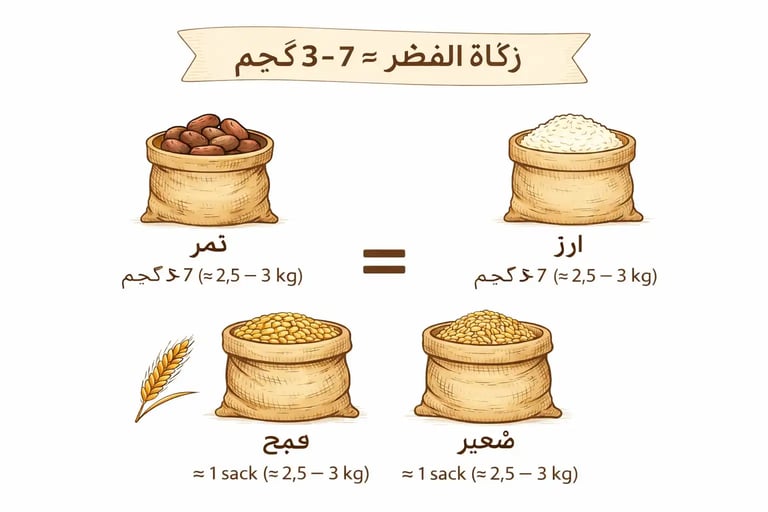 مقدار زكاة الفطر حوالي 2.5 إلى 3 كيلوغرام من الطعام مثل القمح أو الأرز أو التمر أو الشعير لكل شخص.