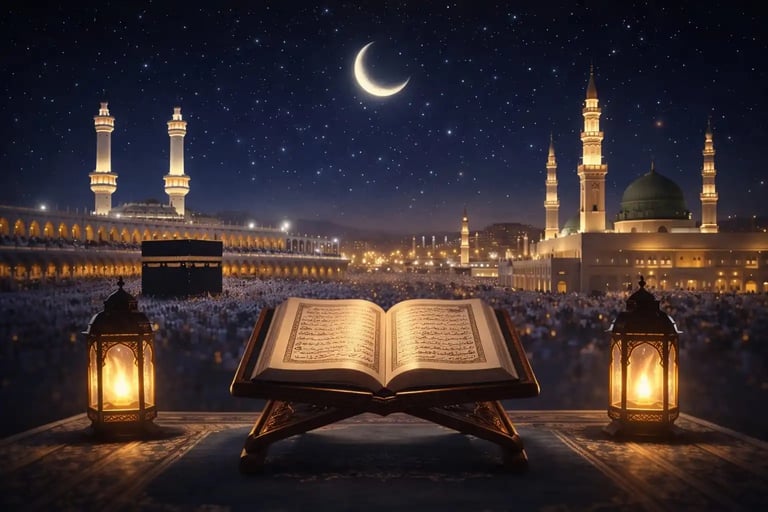 Open Quran on a wooden stand between Mecca Kaaba and Medina mosque under a starry Ramadan night sky the last ten nights.