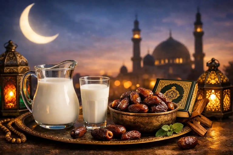 Ramadan iftar table with dates, milk and Quran beside them under lantern light representing the breaking of fast at sunset