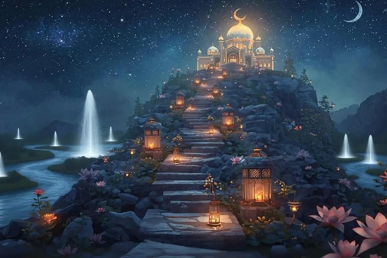 Mountain path with three palaces, glowing lotus and fountains symbolizing the last ten nights of Ramadan and Laylat al-Qadr