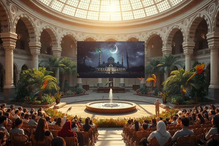 Islamic amphitheater fountain, palm trees, flowers and parrots watching a screen showing a mosque under Ramadan night sky.