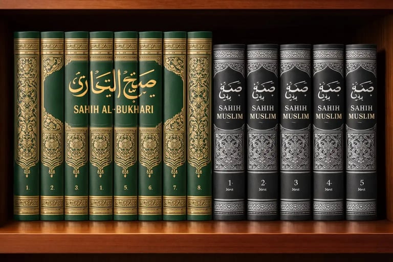  Sahih al-Bukhari and Sahih Muslim Hadith books arranged on a wooden shelf, representing of Islamic hadith