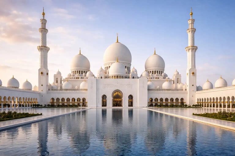Sheikh Zayed Grand Mosque in Abu Dhabi, United Arab Emirates, famous for its monumental white domes.
