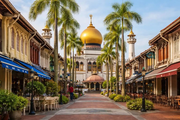 Sultan Mosque in Singapore located in Kampong Glam with its iconic golden dome and historic surroundings.