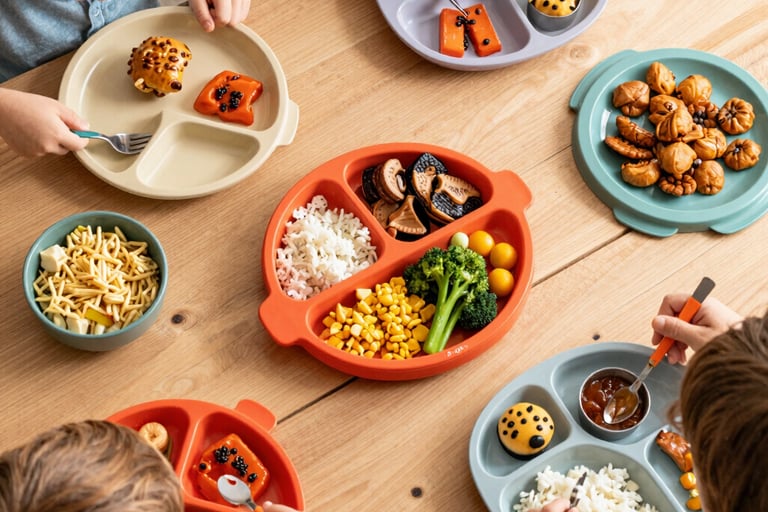 Bright living room with many colourful kids meal