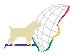 Official SABBS logo featuring a Boerboel dog silhouette standing next to a globe outline on a black background.