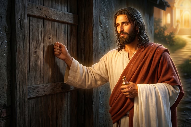 Jesus Christ knocking on a wooden door wanting to come into your home