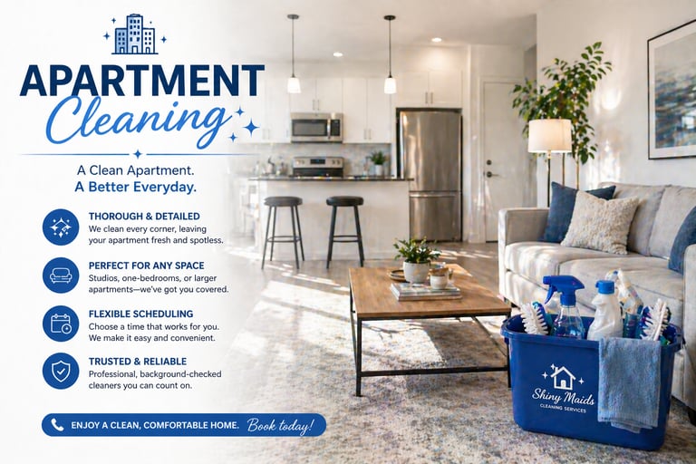 Professional apartment cleaning services showing a clean modern living room and kitchen area.