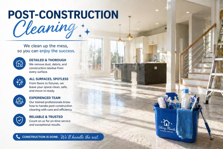 Professional post-construction cleaning services for a modern home featuring polished floors and a bucket of supplies.