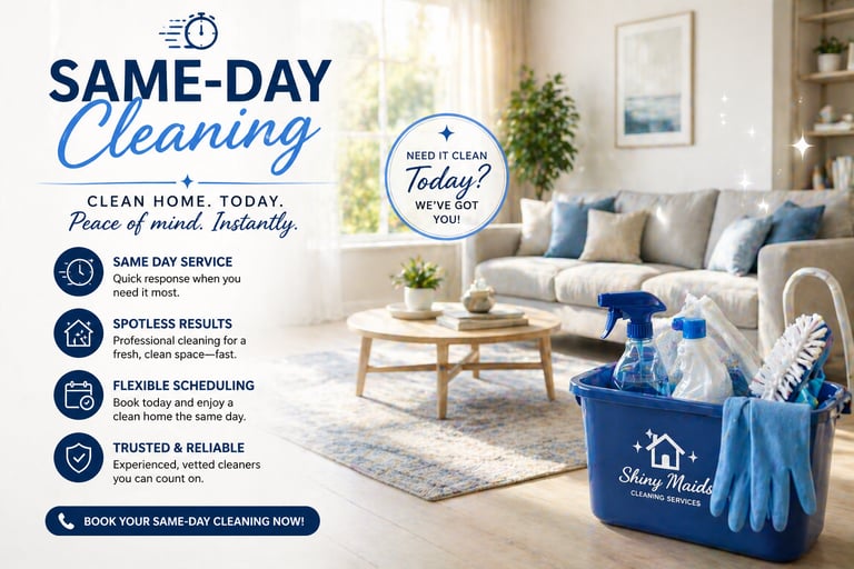 Professional same-day cleaning services for a spotless home with Shiny Maids cleaning supplies in a living room.