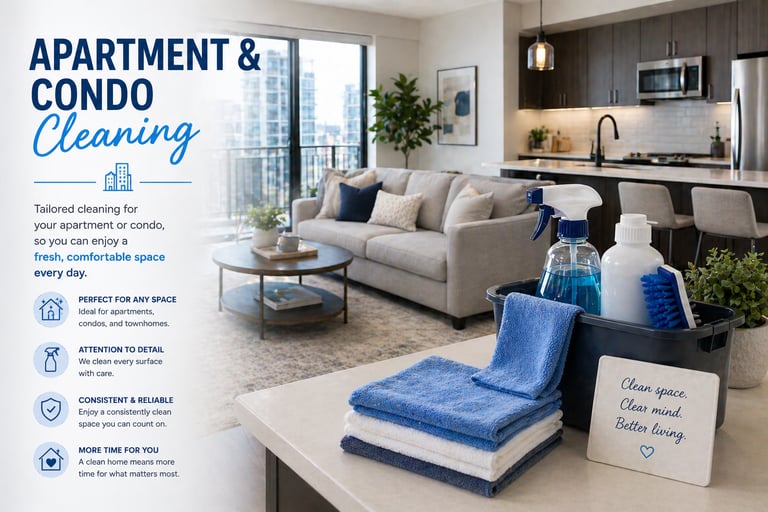 Professional apartment and condo cleaning services featuring towels and spray in a modern living room.