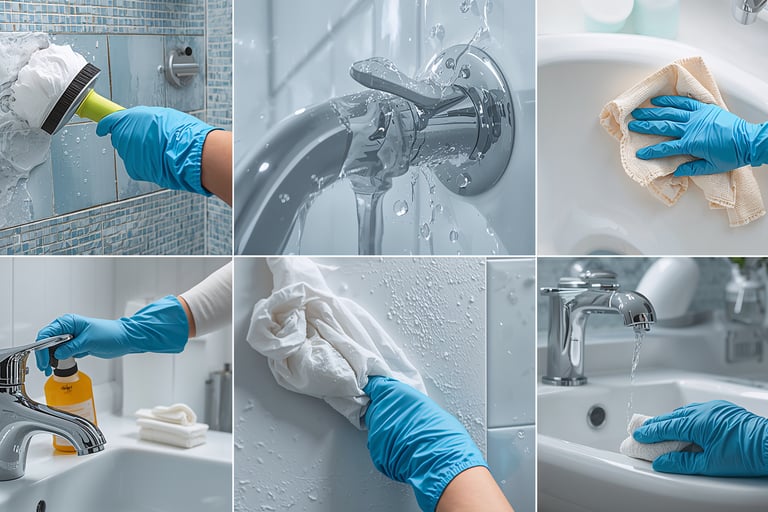 Professional bathroom cleaning service scrubbing tiles, polishing chrome faucets, and wiping a sink with blue gloves.