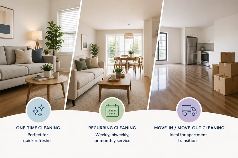 Professional residential cleaning services showing one-time, recurring, and move-out cleaning options.