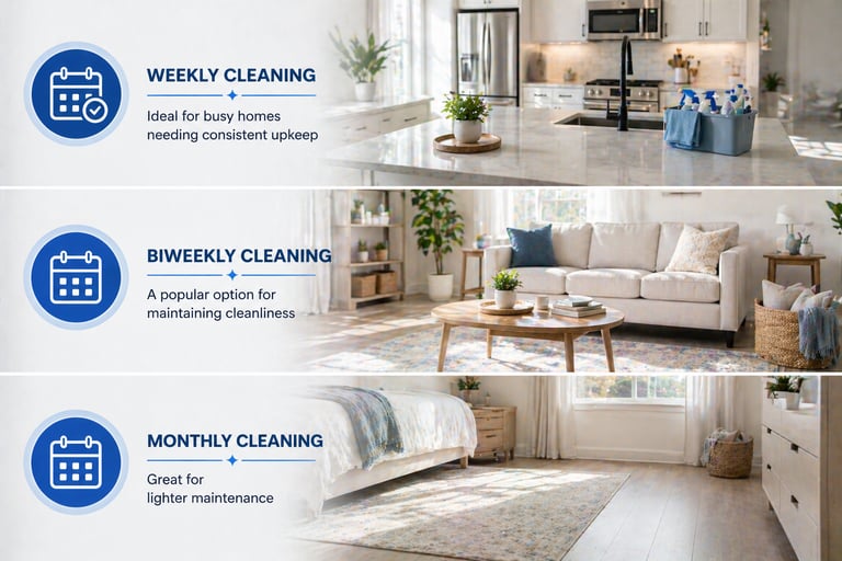Professional home cleaning services options for weekly, biweekly, and monthly residential housekeeping.